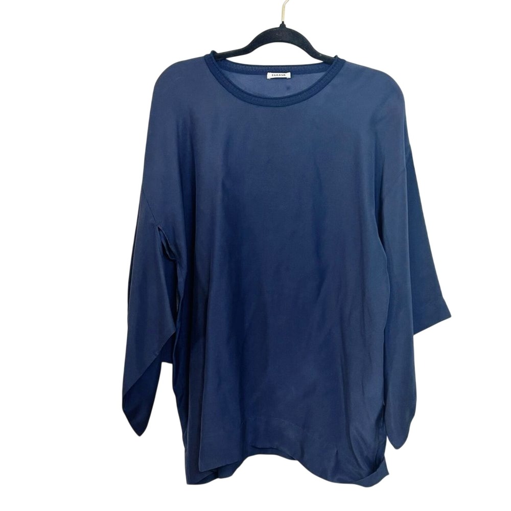 PAROSH Navy Blue 100% Silk Oversized Kimono Sleeve Blouse Top D310752 Summer